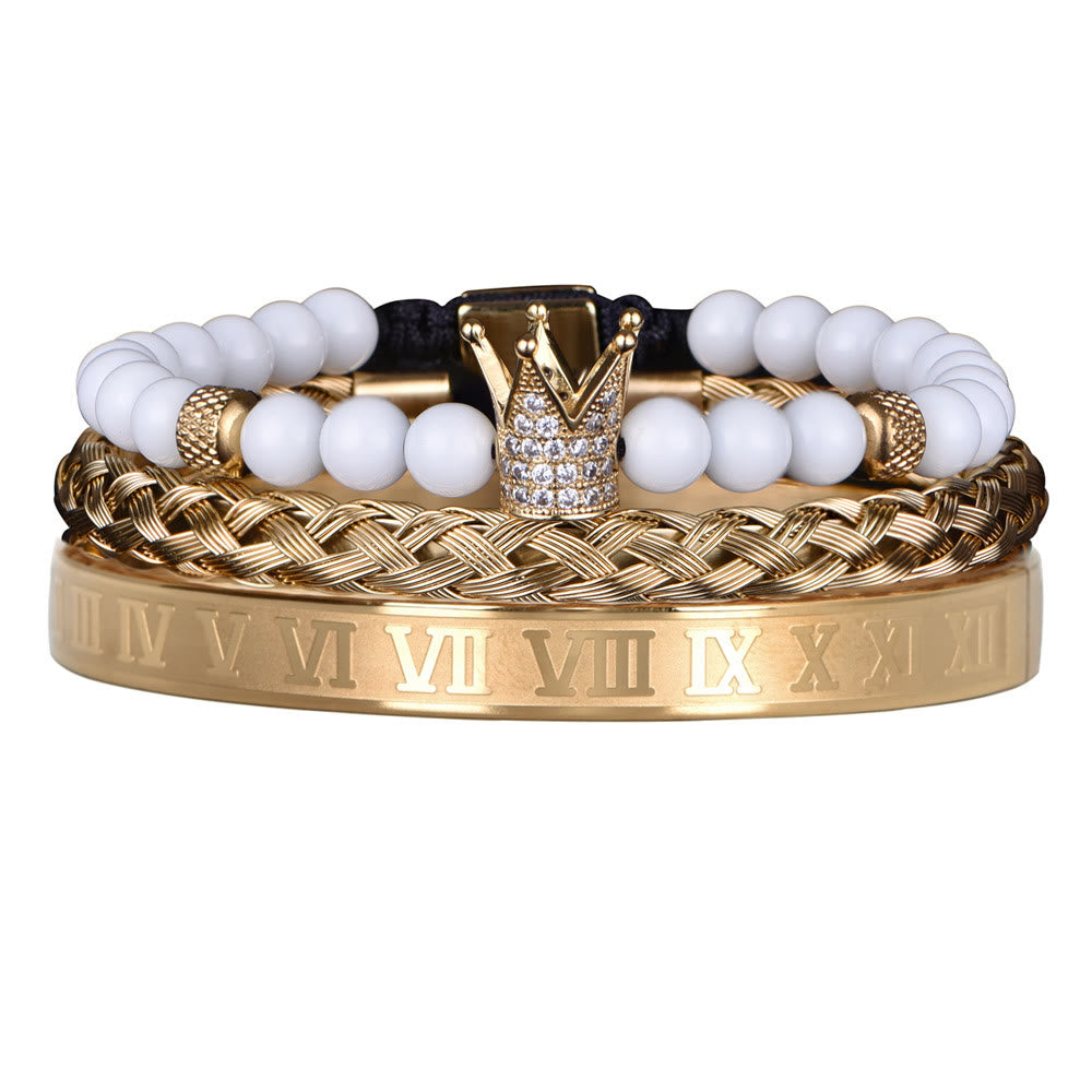 White Beads Beaded Crown Roman Numerals Bracelet