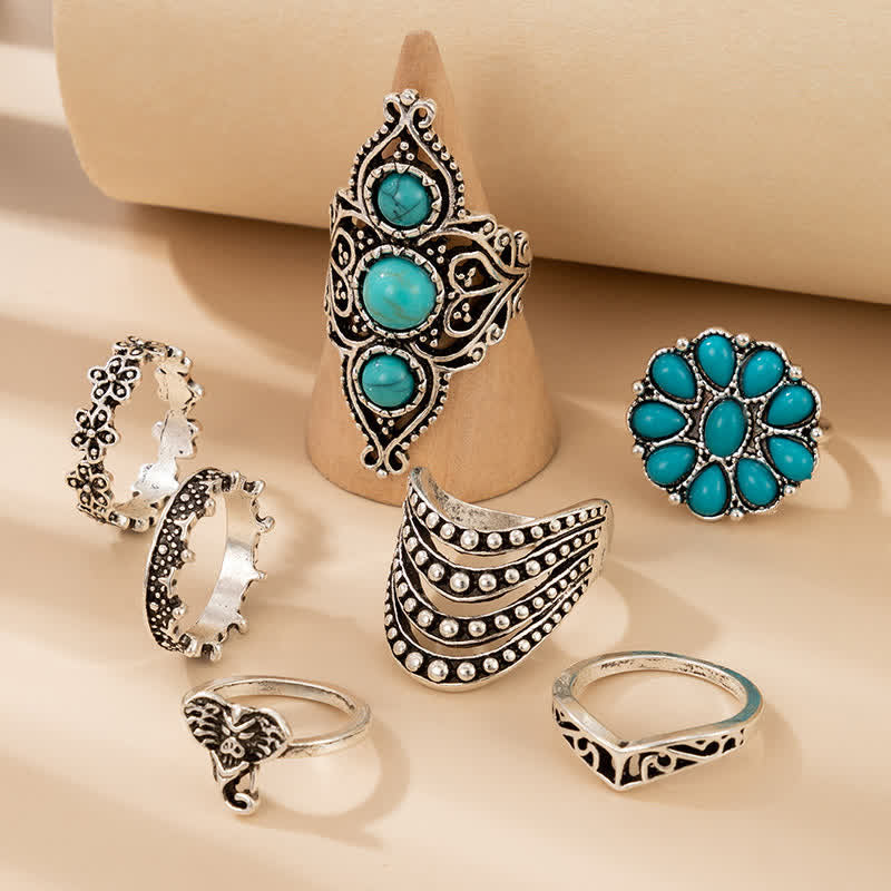 Retro Turquoise 7 - Piece Rings Set