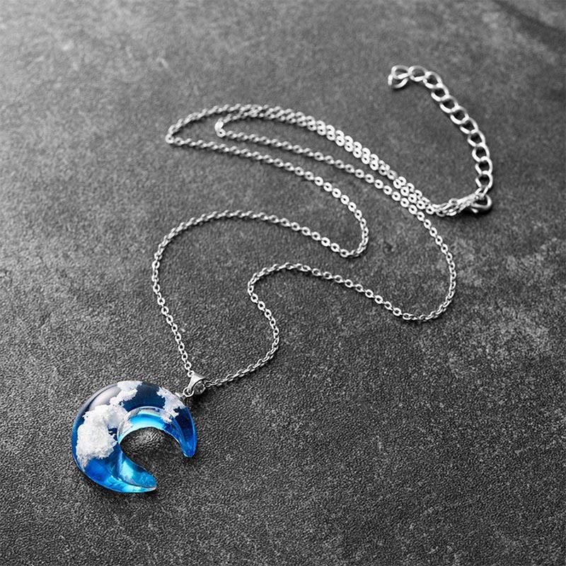 Transparent Resin Blue Sky White Cloud Ball Moon Necklace
