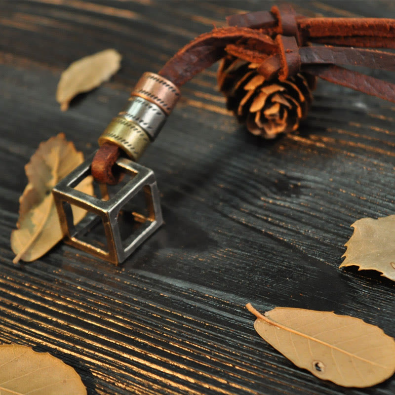 Vintage Metal Cube Pendant Leather Necklace