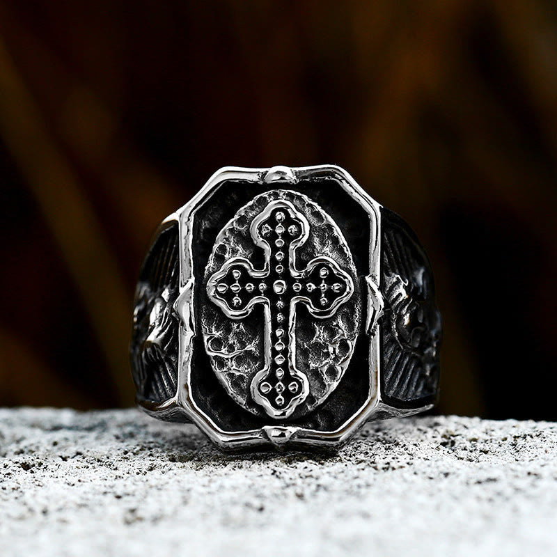 Vintage Stainless Steel Masonic Cross Skull Ring