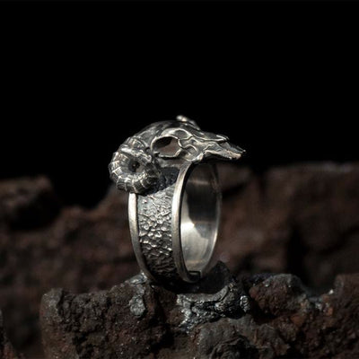 Silver Satan Sheep Head Men's Open Adjustable Ring