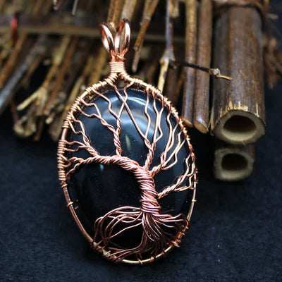 Olivenorma Oval Tiger Eye Tree Of Life Gemstone Necklace