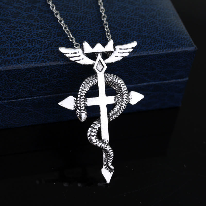 Detached Wings Cross with Snake Greek Caduceus Pendant Necklace