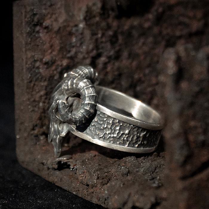 Silver Satan Sheep Head Men's Open Adjustable Ring