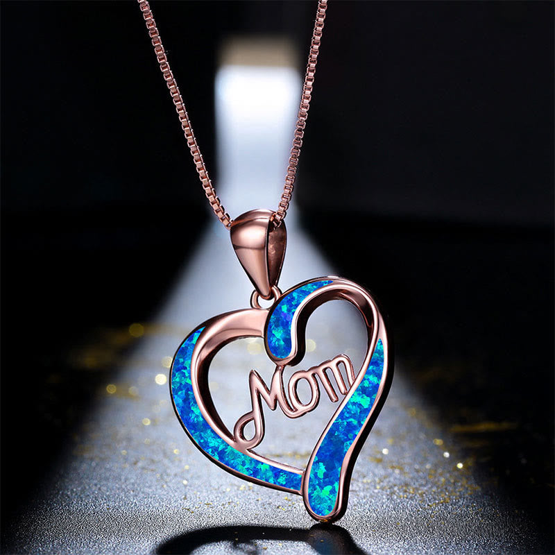 "Love Mom" - Blue Opal Heart Women Necklace