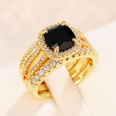 Luxury Female Big Black Square Zircon Ring