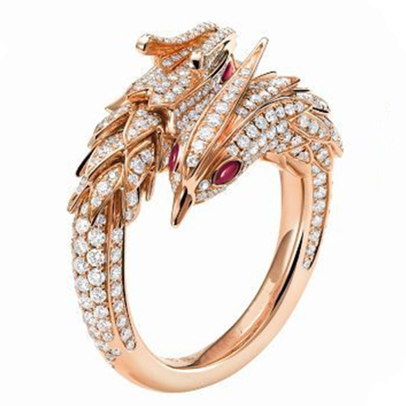 Gold Dragon Phoenix Inlaid Crystal Adjustable Ring