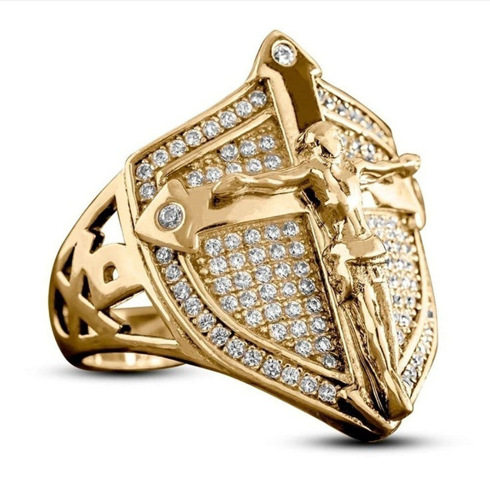 FREE Today: "Strong In Faith" Golden Shield Cross Wall Crucifix Jesus Ring