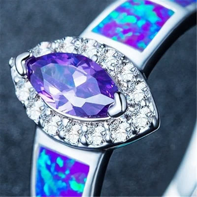 ”Gemstone of Sea" - Vintage Blue Opal With Oval Amethyst Ring