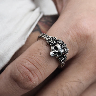 Men's Gothic Black Rose Skull Ring