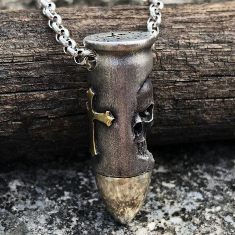 316L Stainless Steel Cross Skull Bullet Amulet Necklace