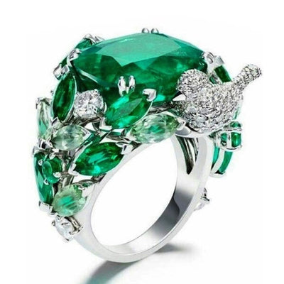 Emerald Leaf With Bird Ring