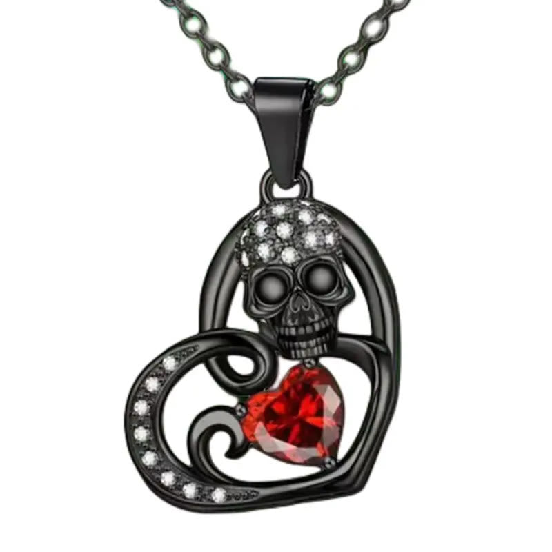 Gothic Black Chain Skull & Red Heart Necklace