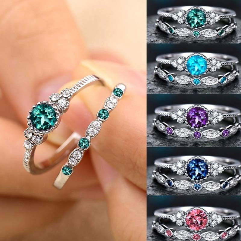 Wealth Goddess Emerald Zircon 2Pcs/Set Ring