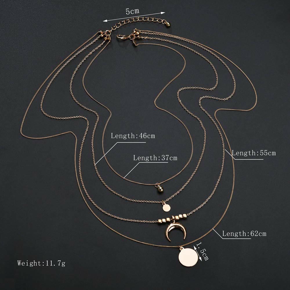 Boho Style Moon Gold Silver Multilayer Pendant Alloy Necklace