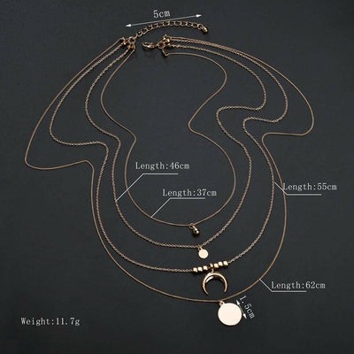 Boho Style Moon Gold Silver Multilayer Pendant Alloy Necklace