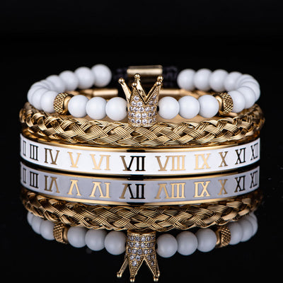White Beads Beaded Crown Roman Numerals Bracelet