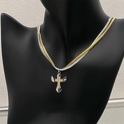 Wings Cross Double Layer Snake Chain Necklace