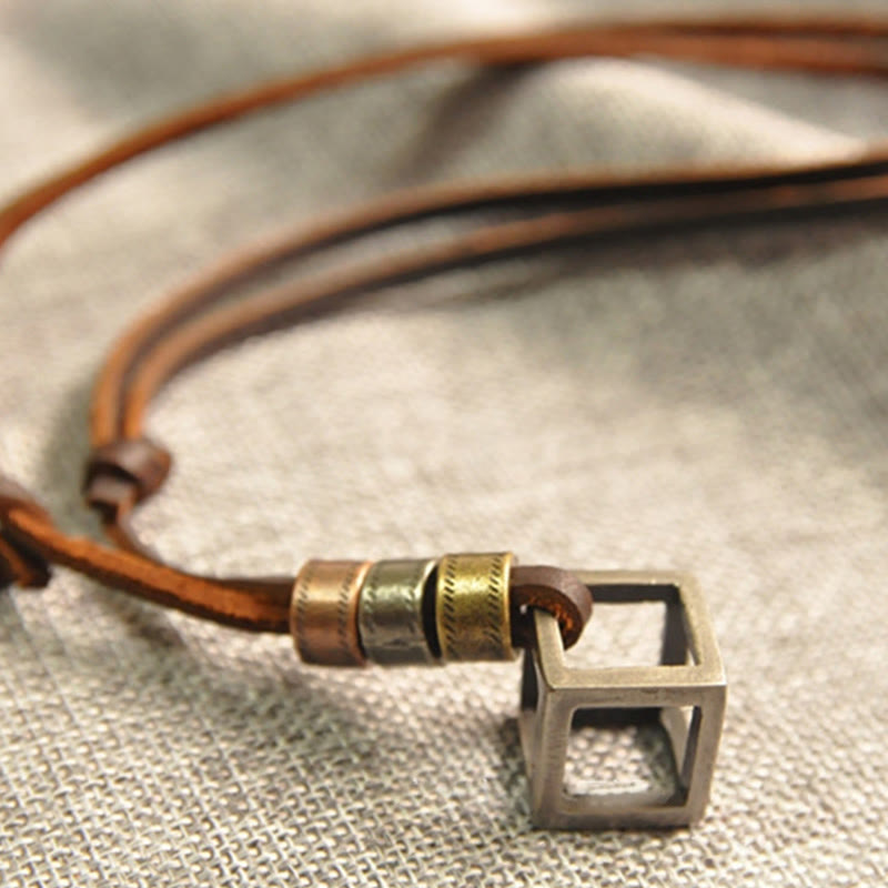 Vintage Metal Cube Pendant Leather Necklace