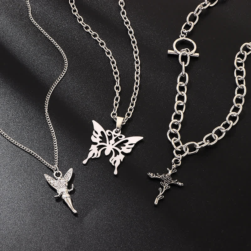 3Pcs Layered Angel Rose Butterfly Necklace Set