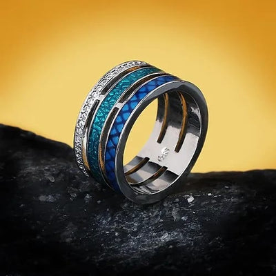 Handmade Three-Layer Blue Zircon Enamel Geometric Ring