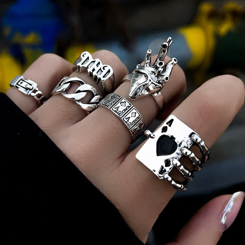 6Pcs Edgy Goth Poker DAD Ring Set