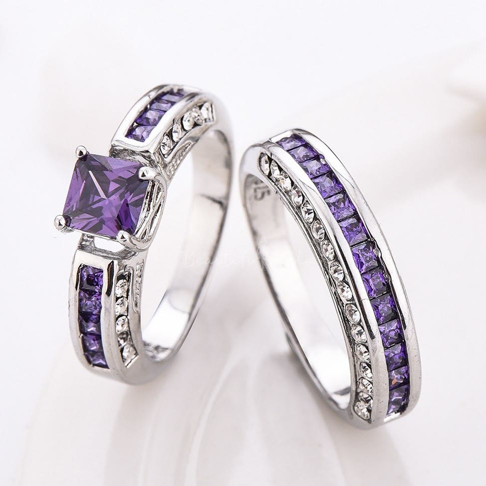 Olivenorma Amethyst White Zircon Ring Set Pair of Rings