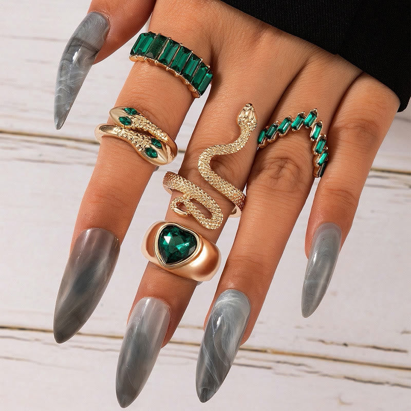 5 Pieces Rhinestone Heart & Snake Ring Set