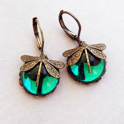 Green Glass Vintage Dragonfly Earrings