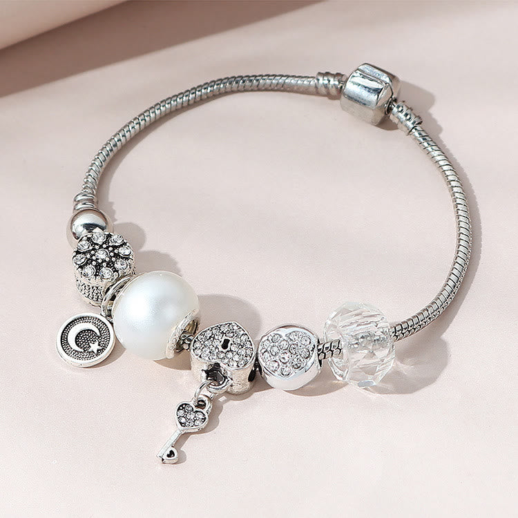 White Zircon Pearl Star Moon Love Lock Key Bracelet