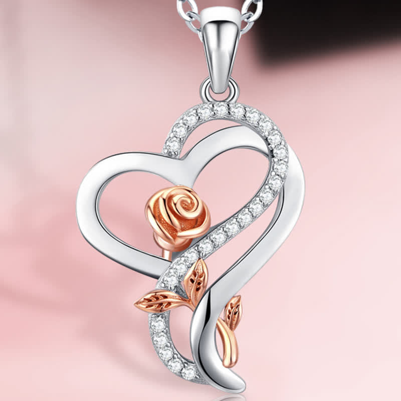 Sterling Silver Heart Rose Neckalce