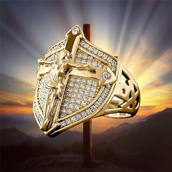 "Strong In Faith" Golden Shield Cross Wall Crucifix Jesus Ring