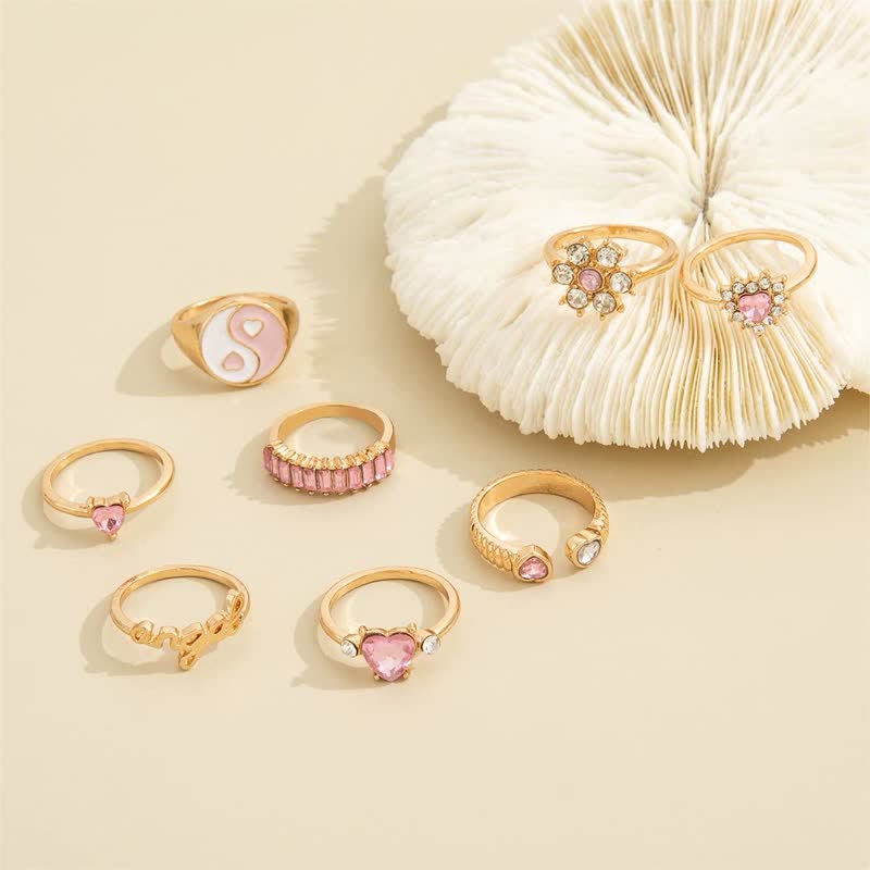 8Pcs Pink Yin Yang Flower Love Ring Set