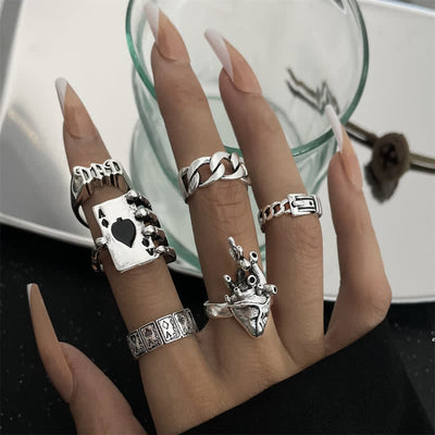 6Pcs Punk Skull Claw Poker Joker Ring Set