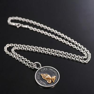 "Faith's Embrace" Men's Prayer Hand Metal Coin Necklace