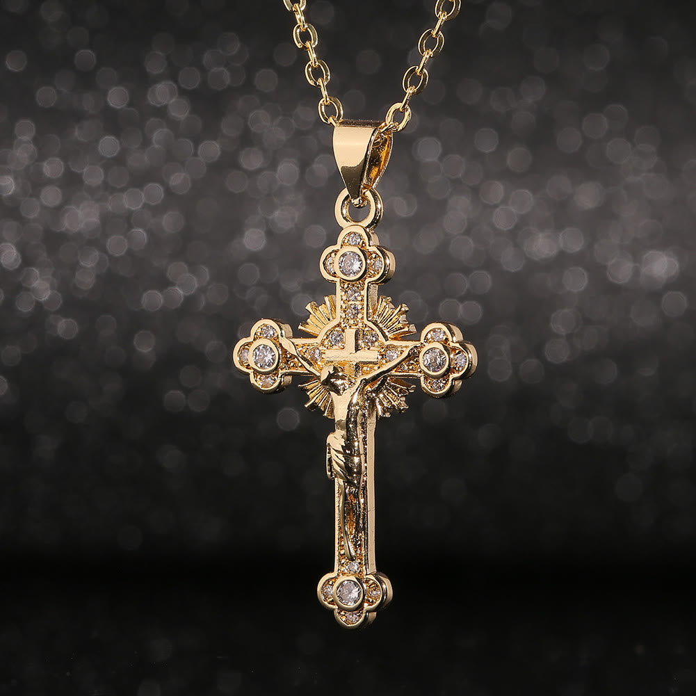 White Zircon Inlay Jesus Cross Pendant Necklace