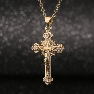 White Zircon Inlay Jesus Cross Pendant Necklace