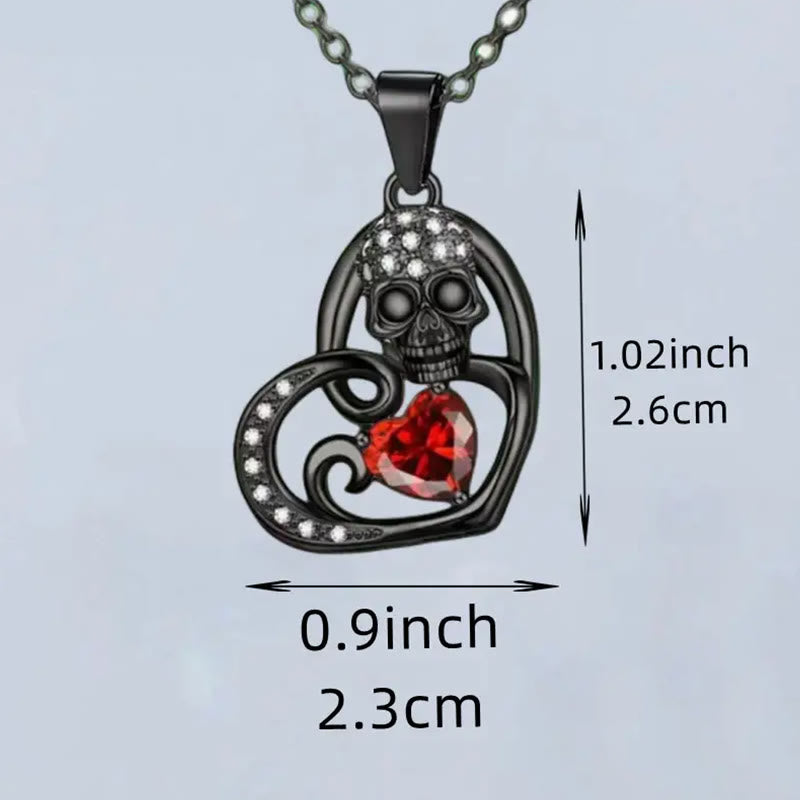 Gothic Black Chain Skull & Red Heart Necklace