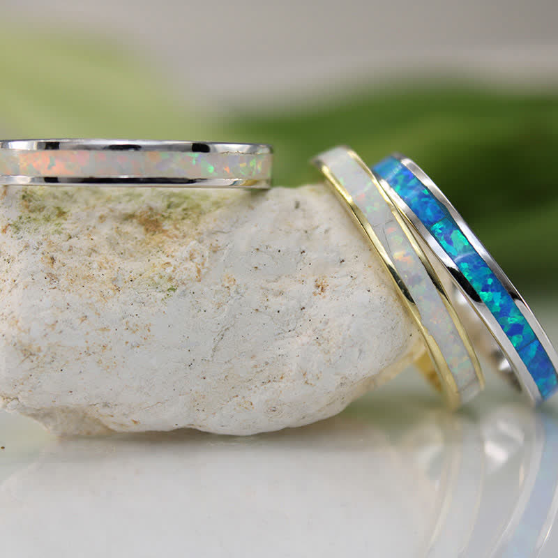 Eternity White Opal Band Sterling Silver Ring