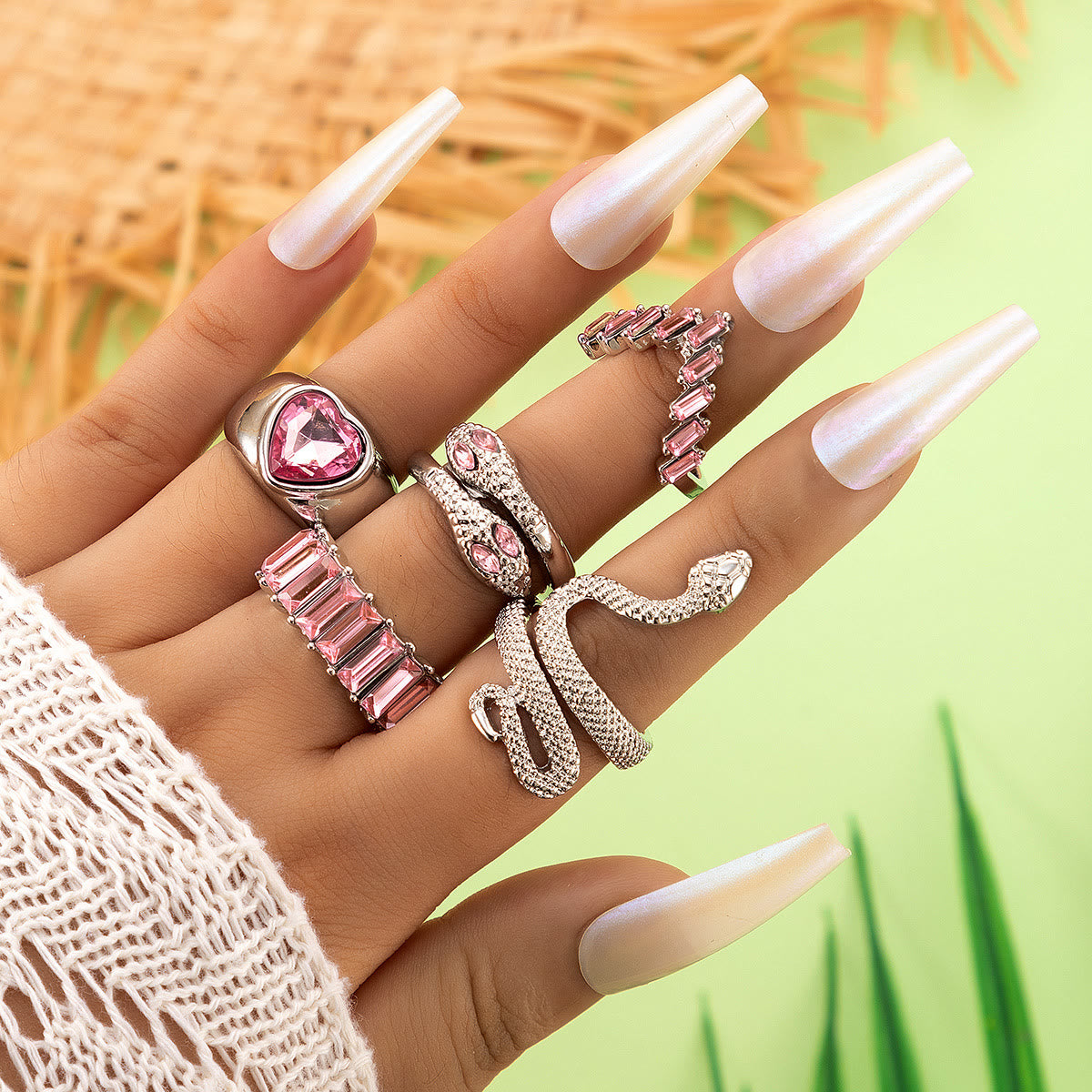 5 Pieces Rhinestone Heart & Snake Ring Set