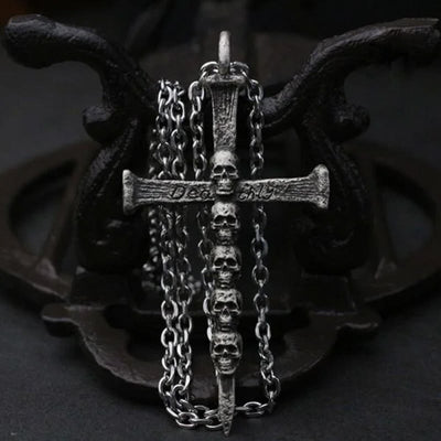 "Deathly" - Five Skulls Cross Necklace