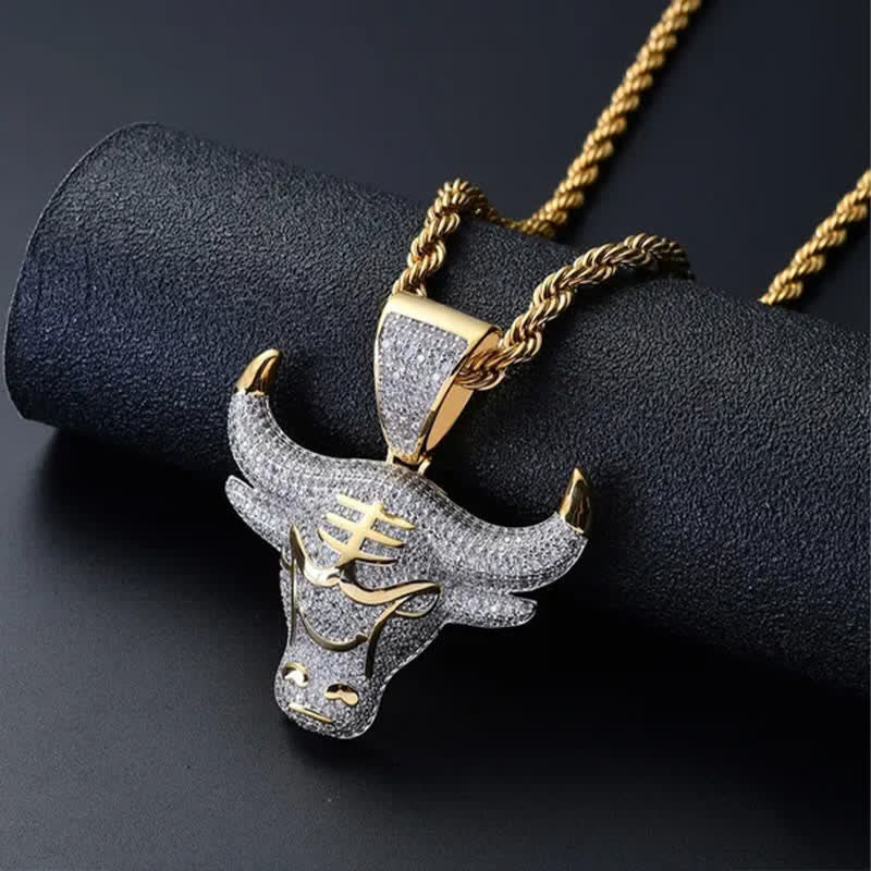 Full Rhinestone Cow Head Bling Ice Out Stainless Steel Necklace