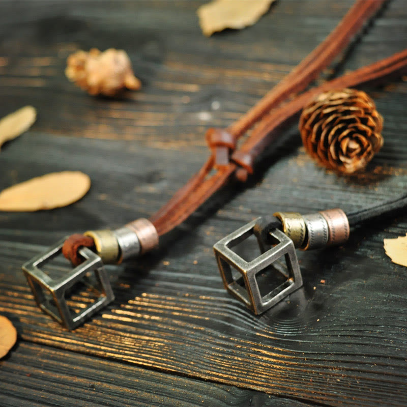 Vintage Metal Cube Pendant Leather Necklace