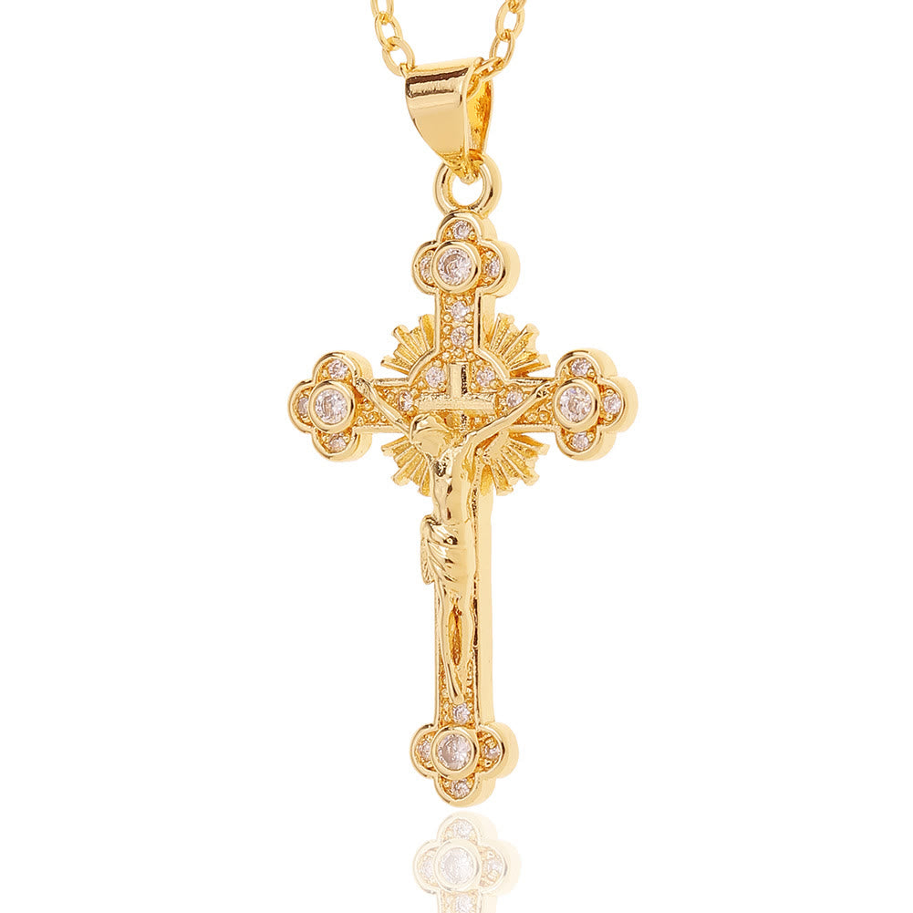 White Zircon Inlay Jesus Cross Pendant Necklace