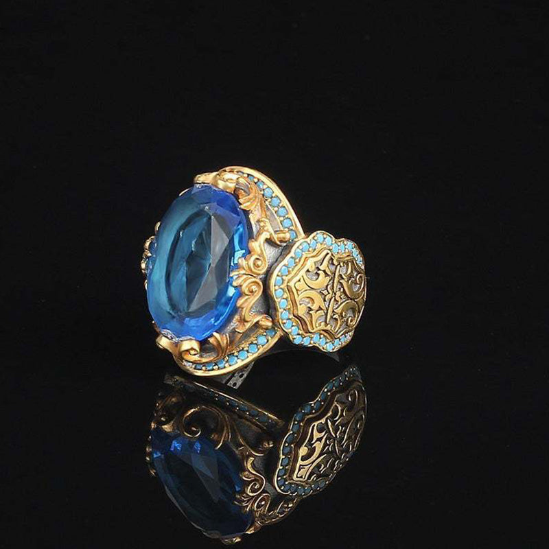 Sapphire & Turquoise Engraved Pattern Gold Plated Ring