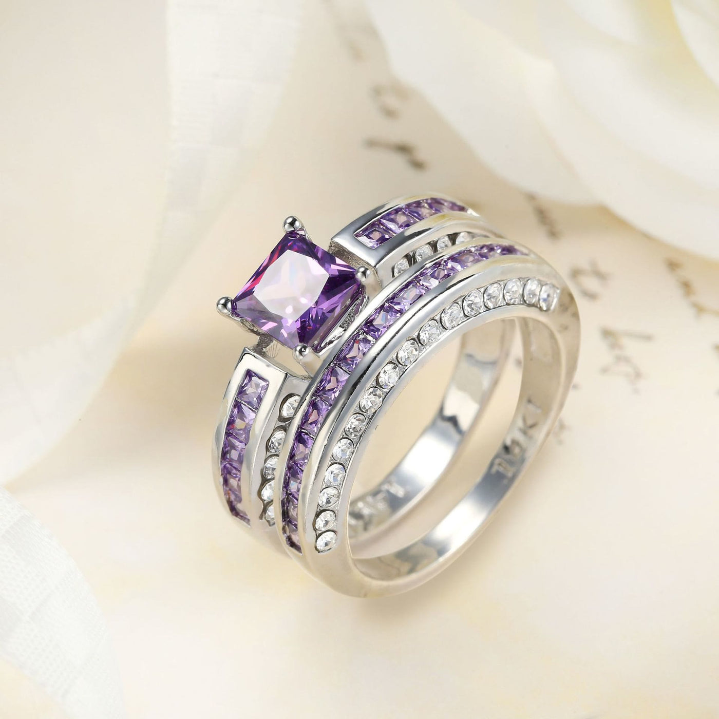 Olivenorma Amethyst White Zircon Ring Set Pair of Rings