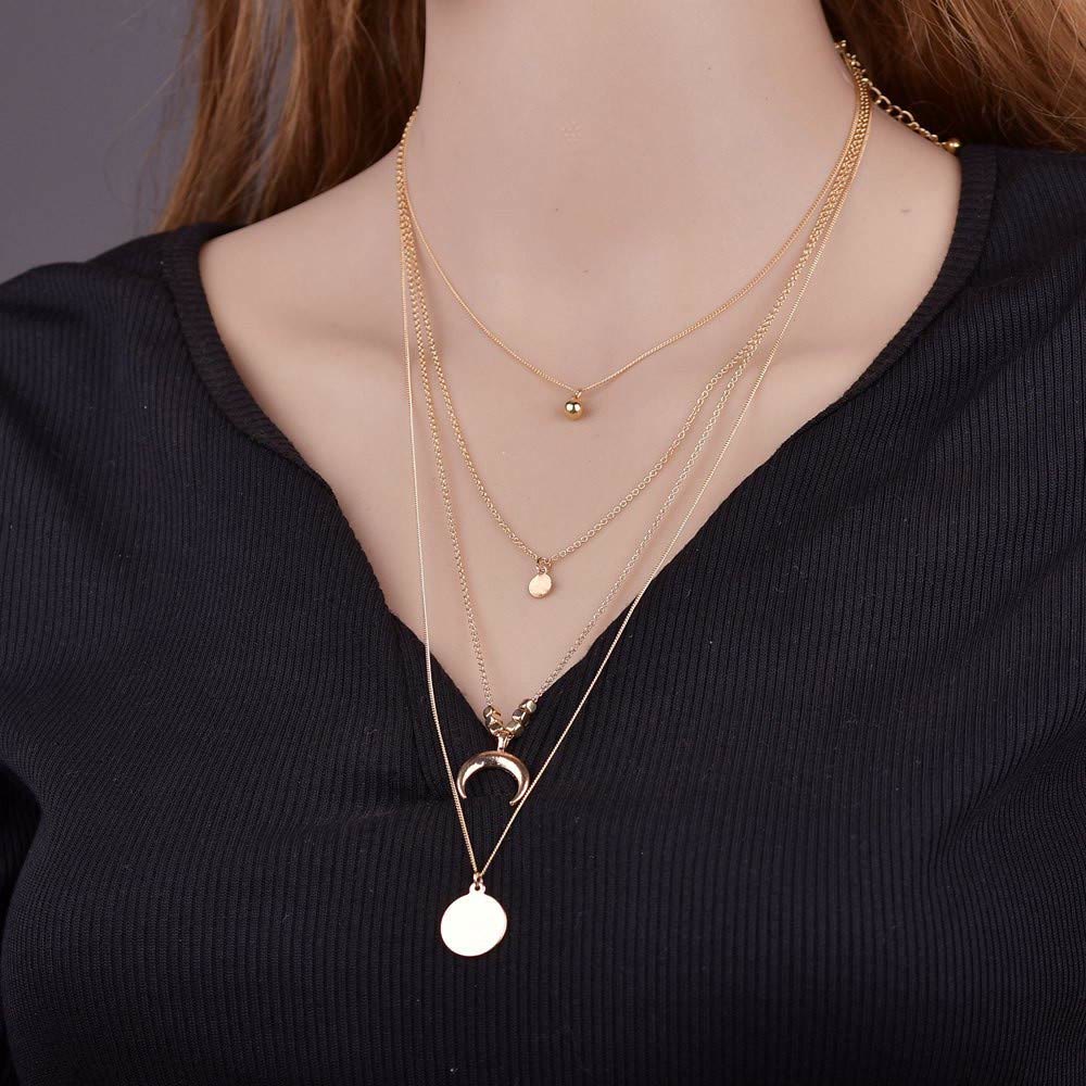 Boho Style Moon Gold Silver Multilayer Pendant Alloy Necklace