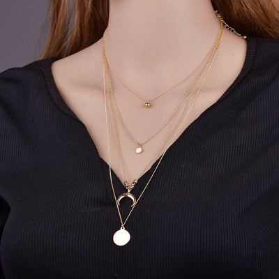 Boho Style Moon Gold Silver Multilayer Pendant Alloy Necklace