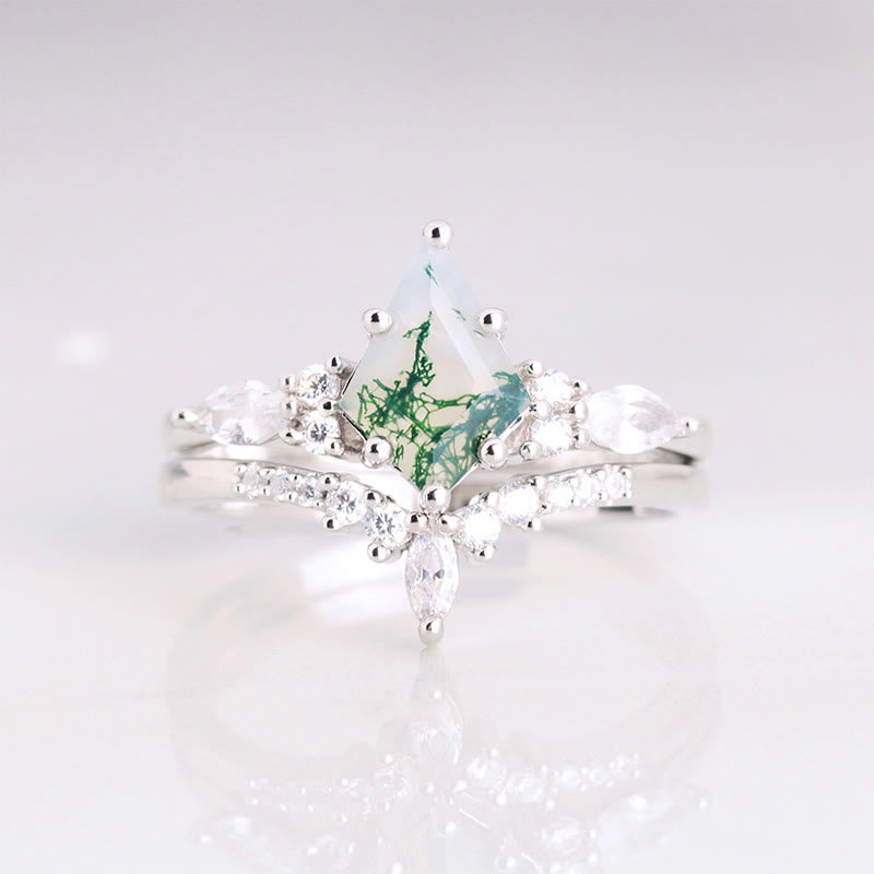 FREE Today: "Sense Of Tranquillity" 2 Pcs Natural Moss Agate Ring Set - Silver - US 9 - image 2